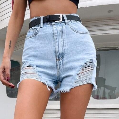 Smmer Casual Sexy Hollow High Waist Denim Shorts Fashion Solid Color Torns Straight Jeans High Street All-match Cloth for Women