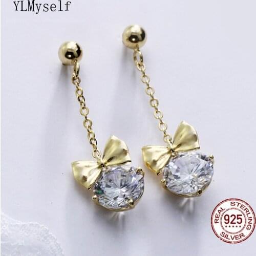 Real 925 Sterling Silver Drop Earrings for Woman Round Cubic Zirconia Jewelry Gold color Earring Bow Design Jewellery