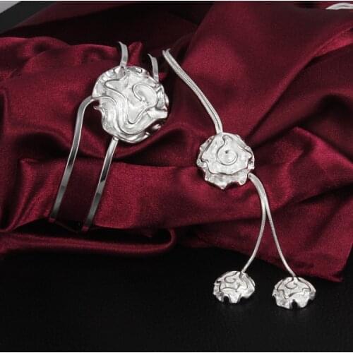 Classic Women 925 sterling Silver rose flower necklaces bangles high quality Jewelry set fashion Party wedding Christmas gifts