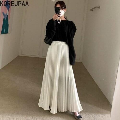 Korejpaa Women Sets 2021 Autumn Korea Sweet Temperament Ladies Round Neck Loose Puff Sleeve Shirt High Waist Pleated Skirt Suit