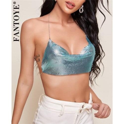 Fantoye Sexy Backless Nightclub Metal Chain Women Camis Top Gold Halter Fashion Camis Top Ladies Autumn Slim Party Clubwear Tops