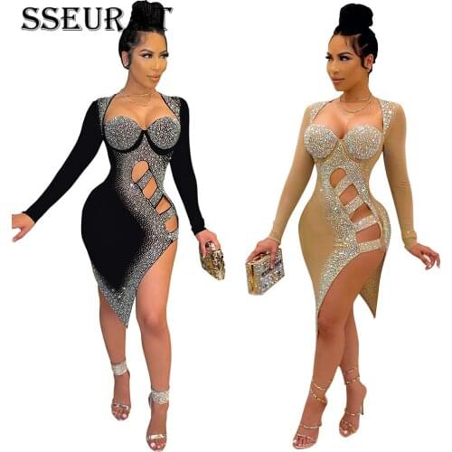SSEURAT Rhinestone Sparkly Dresses for Women Elegant Club Wear High Split Party Dress Night Celebrity Sexy Bodycon Dress
