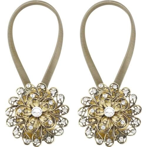 1 Pair Sparkling Crystal Flower Curtain Tieback,Magnetic Drapery Stretchy Buckle Clips Curtain Bind with Stainless Spring Wire