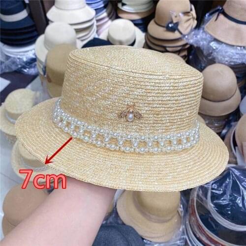 202103-shi new summer handmade straw pearl ribbon bee lady fedoras cap women leisure panama jazz hat
