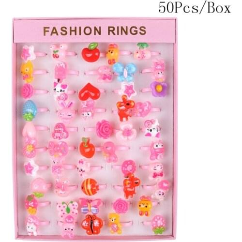 50pcs/set Mix Animals Rabbit Flower Heart Baby Kids Girl Childrens Cartoon Rings With Display Box For Christmas Gift Craft Toy