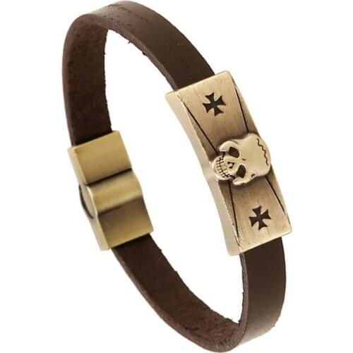 Punk Gothic Rock Skull Cross Charms Bracelet Wristbands Vintage Genuine Leather Magnetic Bangle Women Men Fashion Hiphop Jewelry