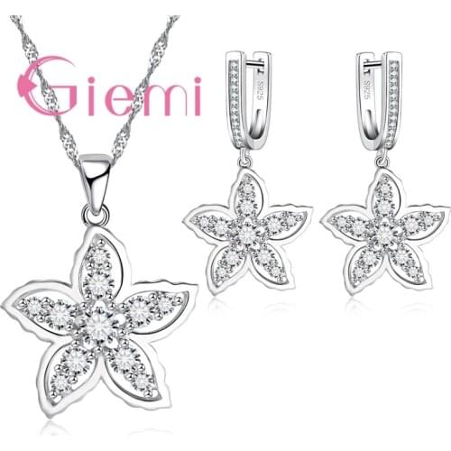 Elegant Romantic Flower Shape Women Accessories 925 Sterling Silver Jewelry Sets With Shiny CZ Pendant Necklace Earrings