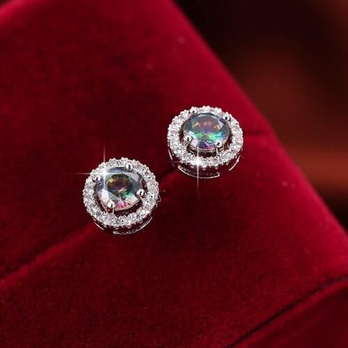 Exquisite Silver Color Round Cut Seven Colors Crystal Stud Earrings Bridal Earrings Wedding Jewelry AAA Cubic Zirconia Earrings