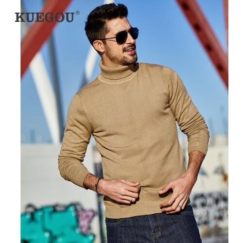KUEGOU 2020 Autumn Plain Black Turtleneck Sweater Men Pullover Casual Slim Jumper For Male Wear Brand Knitted Clothes 89002