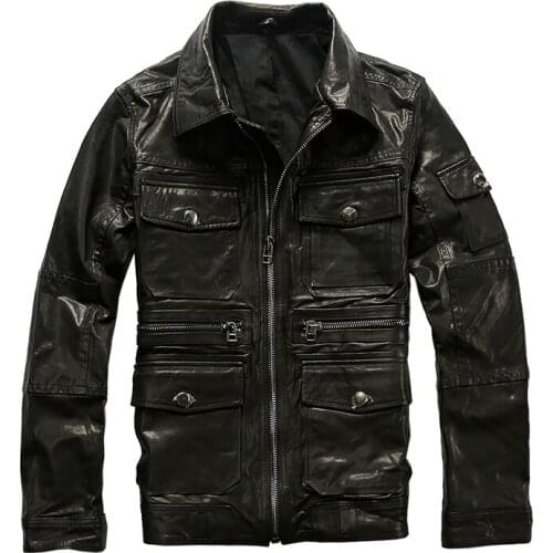Genuine Leather Coat Mens Vegetable Tanned Sheepskin Jacket Spring Autumn Multi Pockests Lapel Casual Leather Jacket