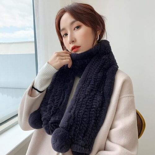 Lantafe Fur Scarf Rex Rabbit Fur Women‘s Scarf Real Fur Ball Winter Scarf Long Style Weaving Process Comfortable keep Warm