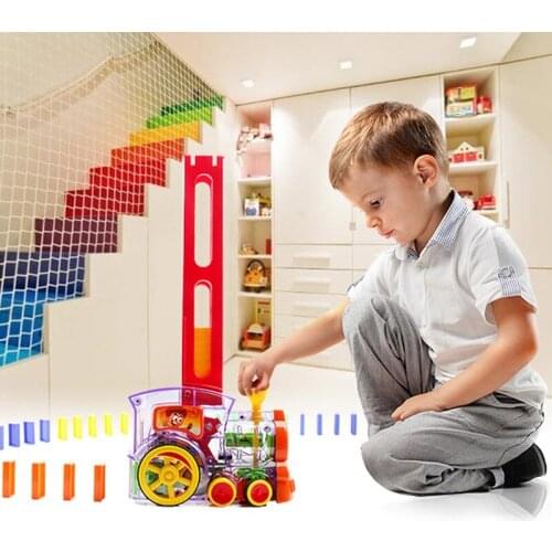 Domino Train Toy Set , Rally Electric Train Model With , 60 Pcs Colorful Domino Game Building Blocks Car Truck Vehicle Stacking