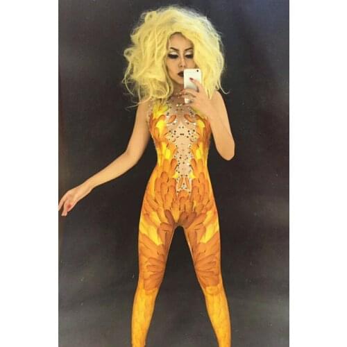 Fashion Yellow Feather Sparkly Rhinestone 3D Printed Sexy Jumpsuit Birthday Celebrate Nightclub Singer Performance Stage Wear