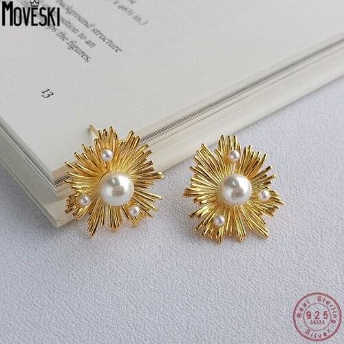 MOVESKI 925 Sterling Silver Korean Retro Sun Flower Pearl Earrings Women Fashion Simple Jewelry