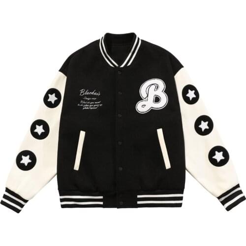 LACIBLE Streetwear Men Baseball Coat Bomber Jacket Hip Hop Harajuku Funny Hamburger Embroidery Jacket 2021 Cotton Loose Outwear