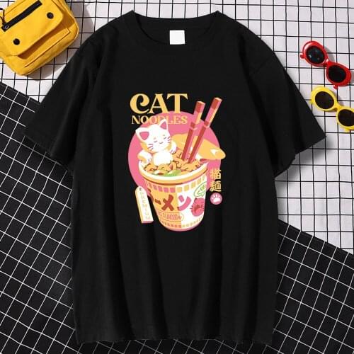 Fashion Delicious Adorable Cat Noodles Print Tops Breathable Male Tee Shirt Round Neck Tee Shirt Regular Sleeve Tee Shirts Men