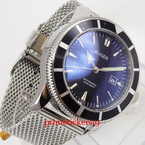 BLIGER Luxury 46mm black dial rotating bezel date indicator alloy strap automatic mens watch