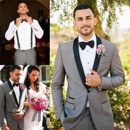 Shawl Collar Gray Men Suits Wedding Groom Bestmen Formal Tuxedos Custome Homme Terno Slim Fit Blazer Terno(Jacket+Pant+Bowtie)