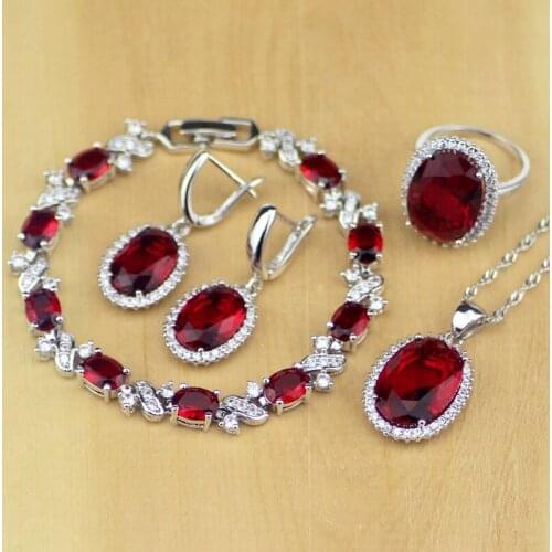 Oval Red CZ White Zircon 925 Sterling Silver Jewelry Sets For Women Wedding Earrings/Pendant/Necklace/Rings/Bracelet