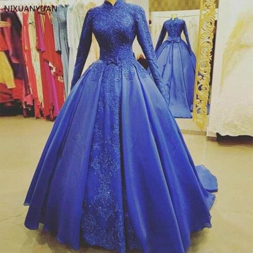 Royal Blue Muslim Wedding Dresses Satin Long Sleeves Bridal Dress Custom Made Robe De Soriee 2021 A Line Wedding Gowns