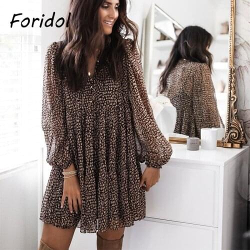 Foridol Leopard Print Casual Short Mini Dress Women V Neck Spring Autumn Dress 2021 New Long Sleeve Women Clothing Dress Mujer