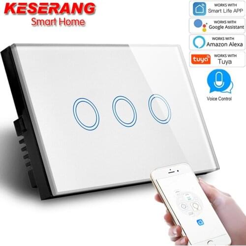 SAA AU/US Standard 3 Gang WIFI Switch 2.4GHz,Tempered Crystal Glass Panel,AC 110-240V,Compatible Alexa & Google Assistant Switch