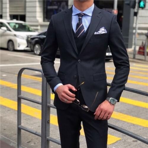 Navy Blue Grooms Slim Fit 3 Pieces Groomsmen Tuxedos For Men Peaked Lapel 2 Button Wedding Prom Suit (Jacket+Pants) Custom Color