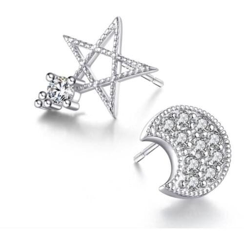 TJP Fashion 925 Sterling Silver Earrings For Women Jewelry Lady Shiny Crystal Stones Star Moon Girl Stud Earrings Lady Christmas