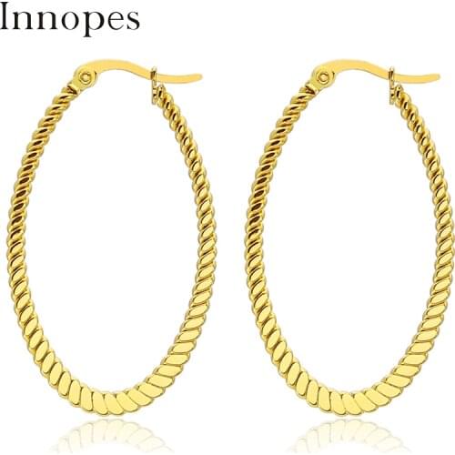 Vintage Earrings Oval Flattened Exaggerated Hoop Earring Gold Plated Bridal Earrings Charms Jewelry Stainless Steel For Women