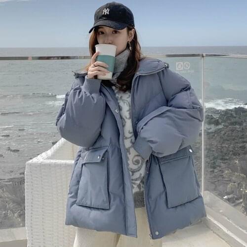 2021 Korean Style Oversized Puffer Jacket for Women Solid Casual Loose Blue Cotton Padded Jacket Thick Warm Harajuku Hooded Coat