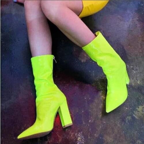 Pointed Toe Fluorescence Yellow Pink Sliver Sequins Crystal Bling Bling Woman Square Heels Mid-calf High Heel Short Boots Lady