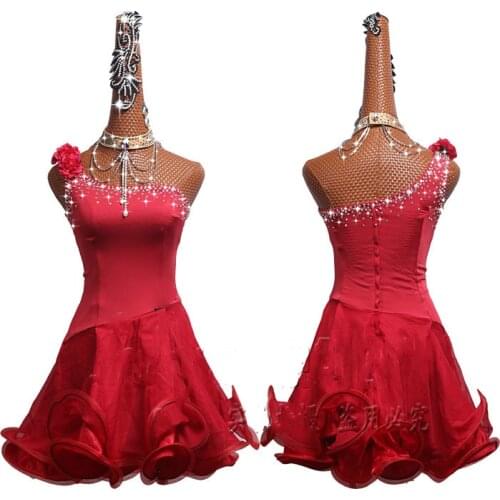 Rhinestone Latin Dance Dresses For Women Slanted Shoulder Shoulder Sexy Red Latin Dress Party Dancer Singer Performance Clothing