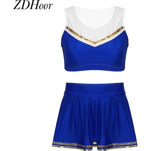 Women Cheerleader Costume Uniform Outfit Sleeveless Vest Crop Top with High Waist Pleated Skirt Schoolgirl Cheerleader Dancewear