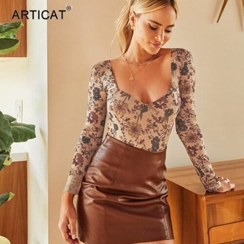 Articat Floral Printed Mesh See Through Bodysuit Women Long Sleeve Backless Body Suits Femme Square Collar Spring Backless Tops