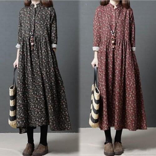 Lady Vintage Casual Loose Print Dress Stand Collar Full Sleeve A-Line Cotton and Linen Dress 2020 Autumn Vestido Plus Size M-2XL
