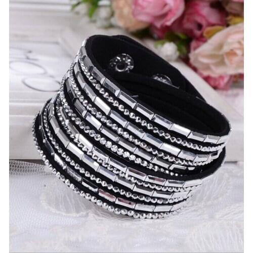 1PC Free Shiping Women Valentines Day Gift Handmade Velvet Bracelet Bling Rhinestone Wrap PU Leather Bracelet Hot Drill Bangle