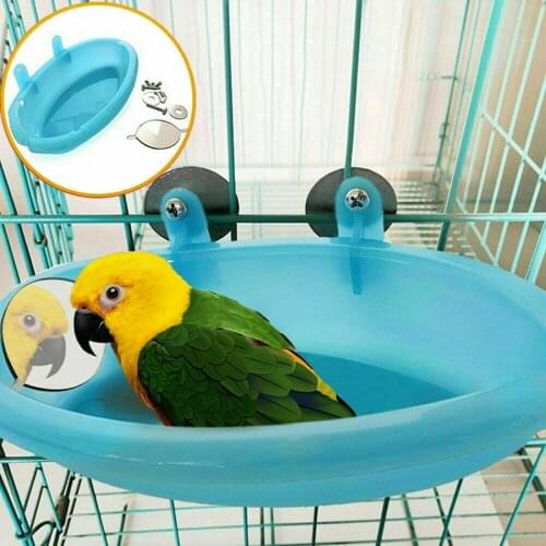 1pc Bird Water Bath Tub For Bird Cage Hanging Bowl Parrots Parakeet Wash Basin Bathtub With Mirror Cute New