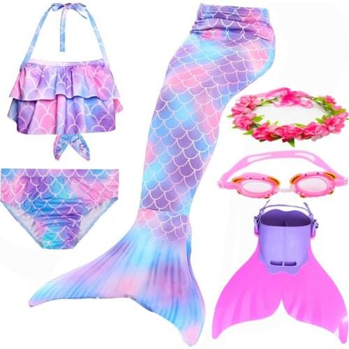 2019 Girls Mermaid Tail for Kids Swimming Bating Suit Costume Swimsuit Swimmable Cosplay Bikini Set can add Monofin Fin Goggle