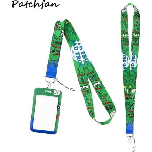 AD791 Patchfan Cartoon Sad Frog Lanyard Keychain key Badge Mobile Phone Rope Lanyard With Card Holder Cover