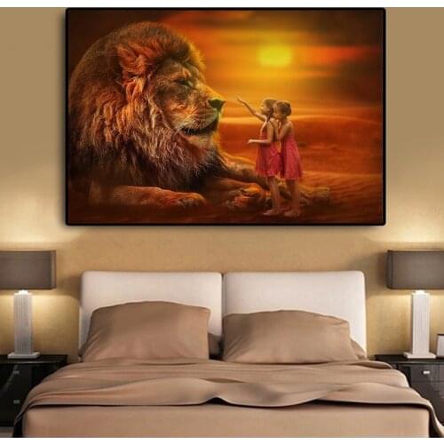 Twins With Lions African Art Canvas Paintings on the Wall Art Posters And Prints African Landscape Art Pictures Home Wall Decor