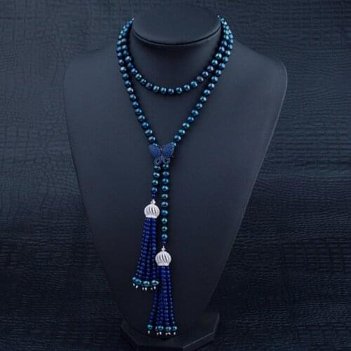92cm Long Pearl Necklace With Lapis Lazuli Tassel Pendant Autumn Winter Season Coat Dyed Black Pearl Necklace Women Pearl Gifts