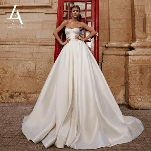 Elegant Sleeveless Satin Wedding Dress 2021 Simple With Pockets A-Line Princess LelaAcra RY19 Bridal Customized Vestido De Noiva