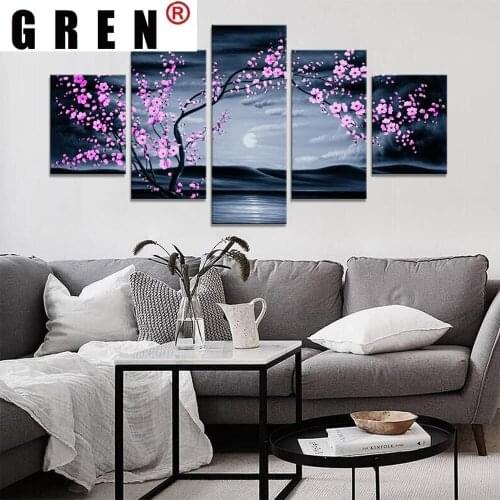 GREN Canvas Wall Art 5 Piece Paintings Sakura Posters Home Living Modular Pictures Decor Prints Living Room And Bedroom Decor