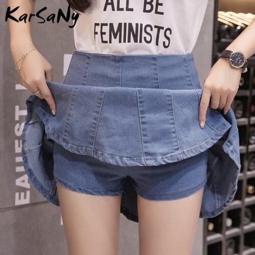 KarSaNy A Line Mini Denim Skirts With Shorts Women 2021 Summner Jean Short Skirt School High Waist Blue Skirts Womens 2021