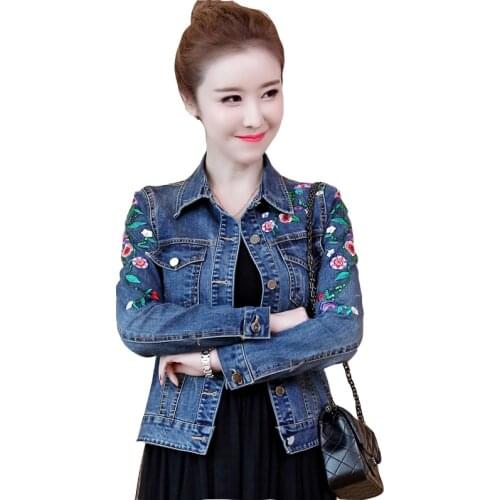 Embroidered Flower Denim Jacket Female Short Slim Spring Autumn New Fashion Plus Size 5XL Streetwear Basic Jackets Womans Tops