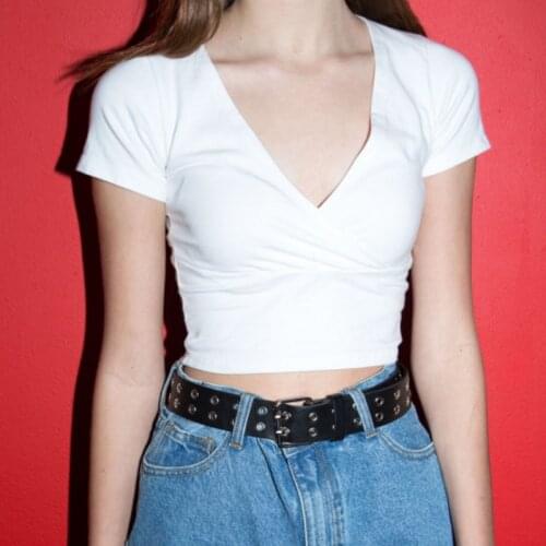 Summer t shirt women 2021 fashion short sleeve tees vintage sexy vintage v neck t shirts for women cross crop top t shirt wrap