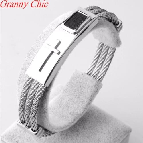 Granny Chic Fashion Male Cross Cable Bangles Twisted Silver Color Stainless Steel Jesus Cross Charm Cuff Wire Bracelets Jewelry