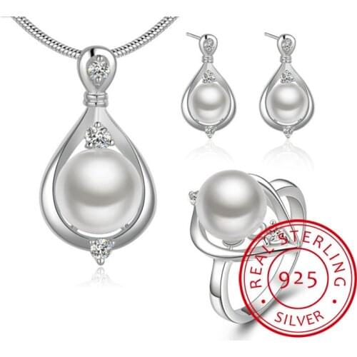 New Fashion 925 sterling silver Fine Jewelry Set Crystal Pearls Ring Earrings Necklace Jewelry Sets For Women