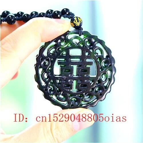 Natural Black Green Jade Chinese Characters Pendant Necklace Charm Jewelry Double-sided Hollow Carved Amulet Gifts for Her Men