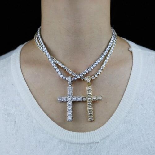 Iced Out Bling 5A Cubic Zirconia Cross Pendant Women Necklace 2021 New Tennis Clavicle Baguette CZ Choker Hiphop Gifts Jewelry